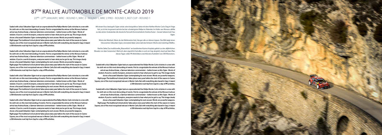 Rally photo book page with a winding road and a small rally car on a hillside