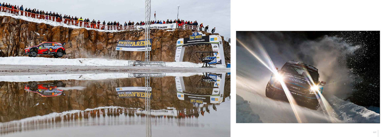 Snow rally photo book page with red car racing on an icy track and a spotlight action shot