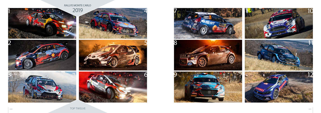 Rally photo book page with a grid of rally car action photos, including red and orange cars