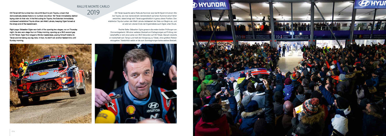 Rally photo book spread with rally car close-up, driver portrait, and a cheering crowd