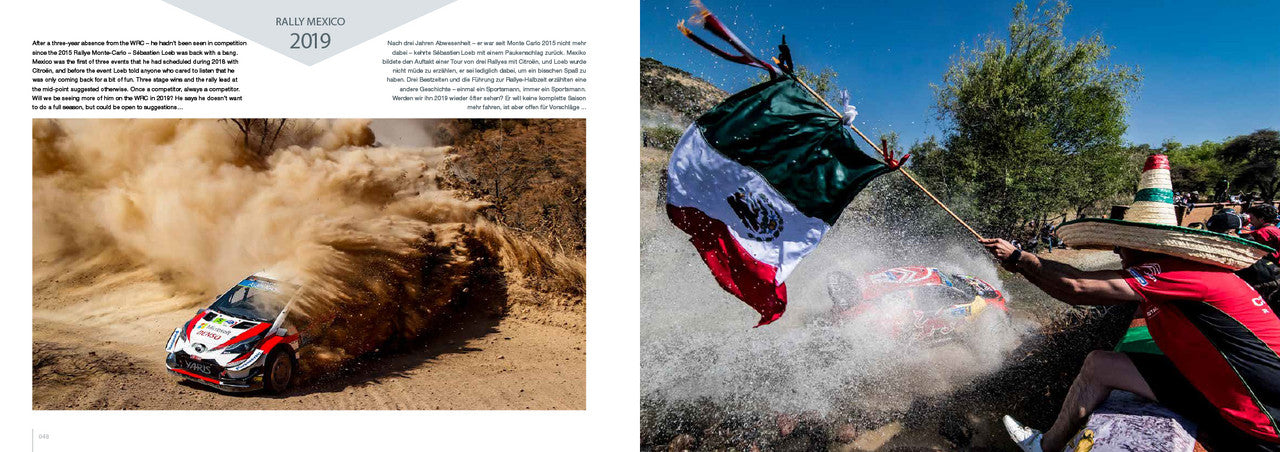 Rally photo book page with a car in a dust cloud and a driver waving a flag