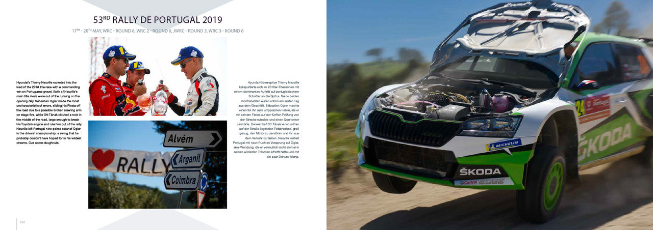 Open rally photo book spread with a rally car front photo and team photo