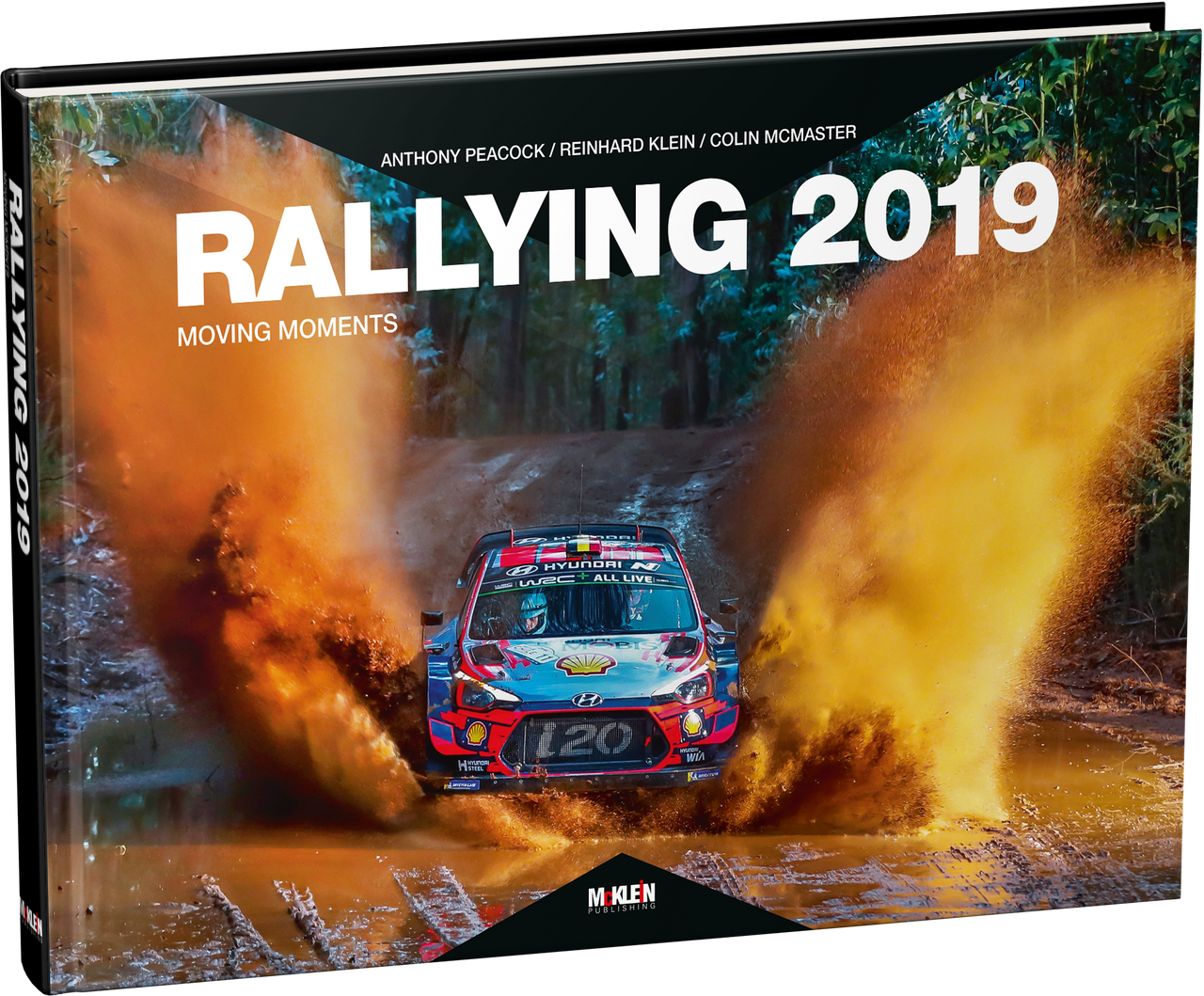 Rallying 2019 photo book cover with rally cars, smoke clouds, and bold RALLYING 2019 title