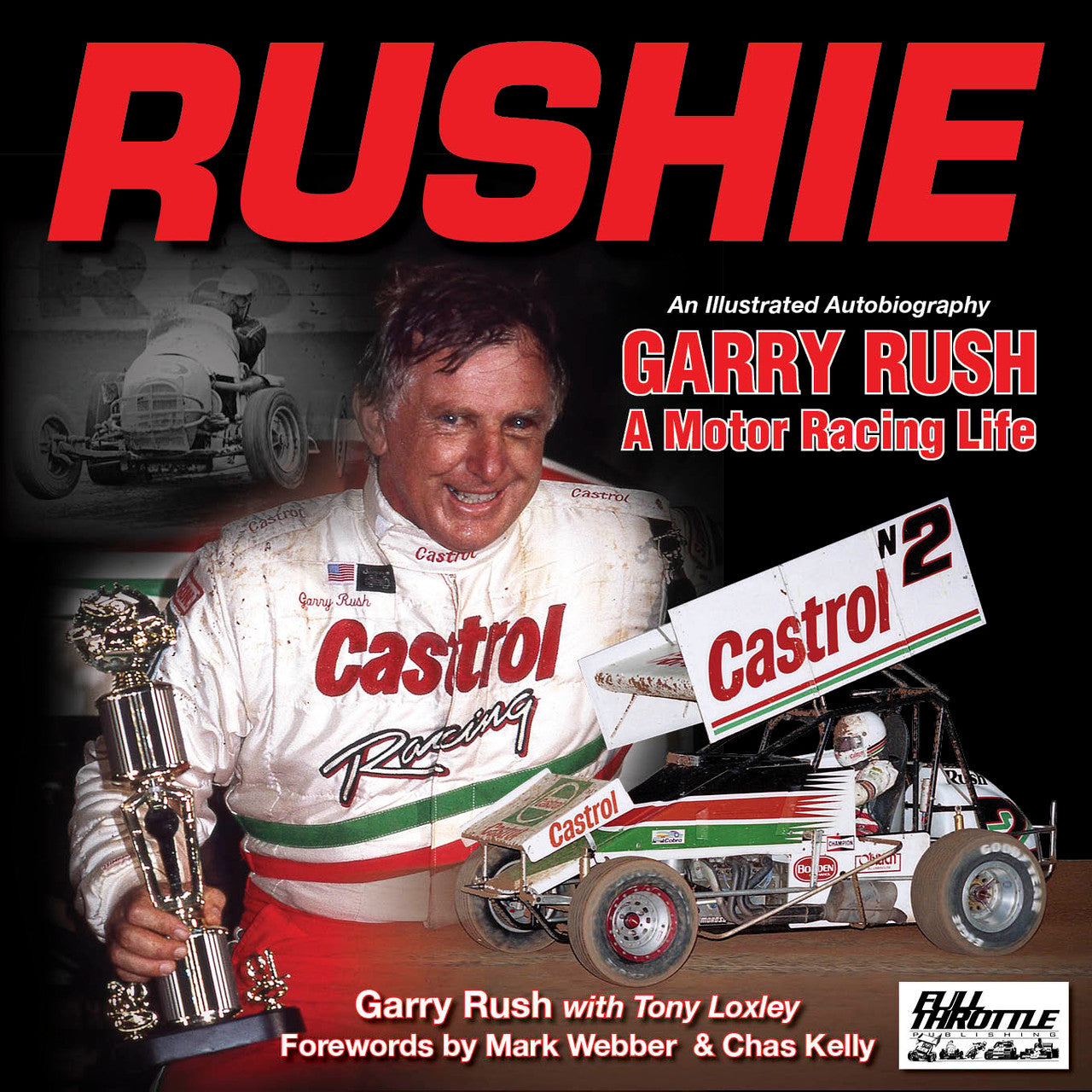 Motor racing autobiography book cover: man in white racing suit, Garry Rush text