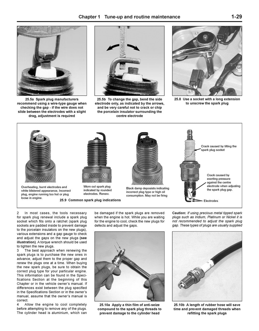 Workshop manual page with spark plug replacement steps and close-up tool images