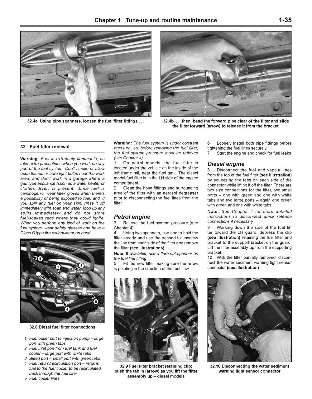 Workshop manual page with fuel filter renewal steps and engine troubleshooting diagrams