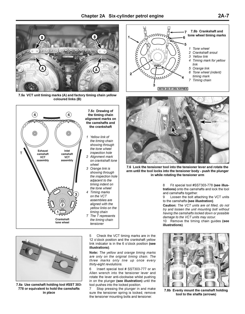 Workshop manual page with petrol engine timing chain diagram and labeled parts