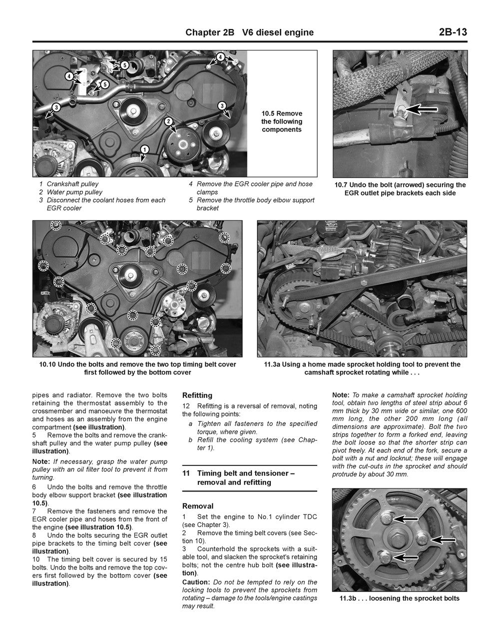 Workshop manual page with diesel engine belt and component removal diagram
