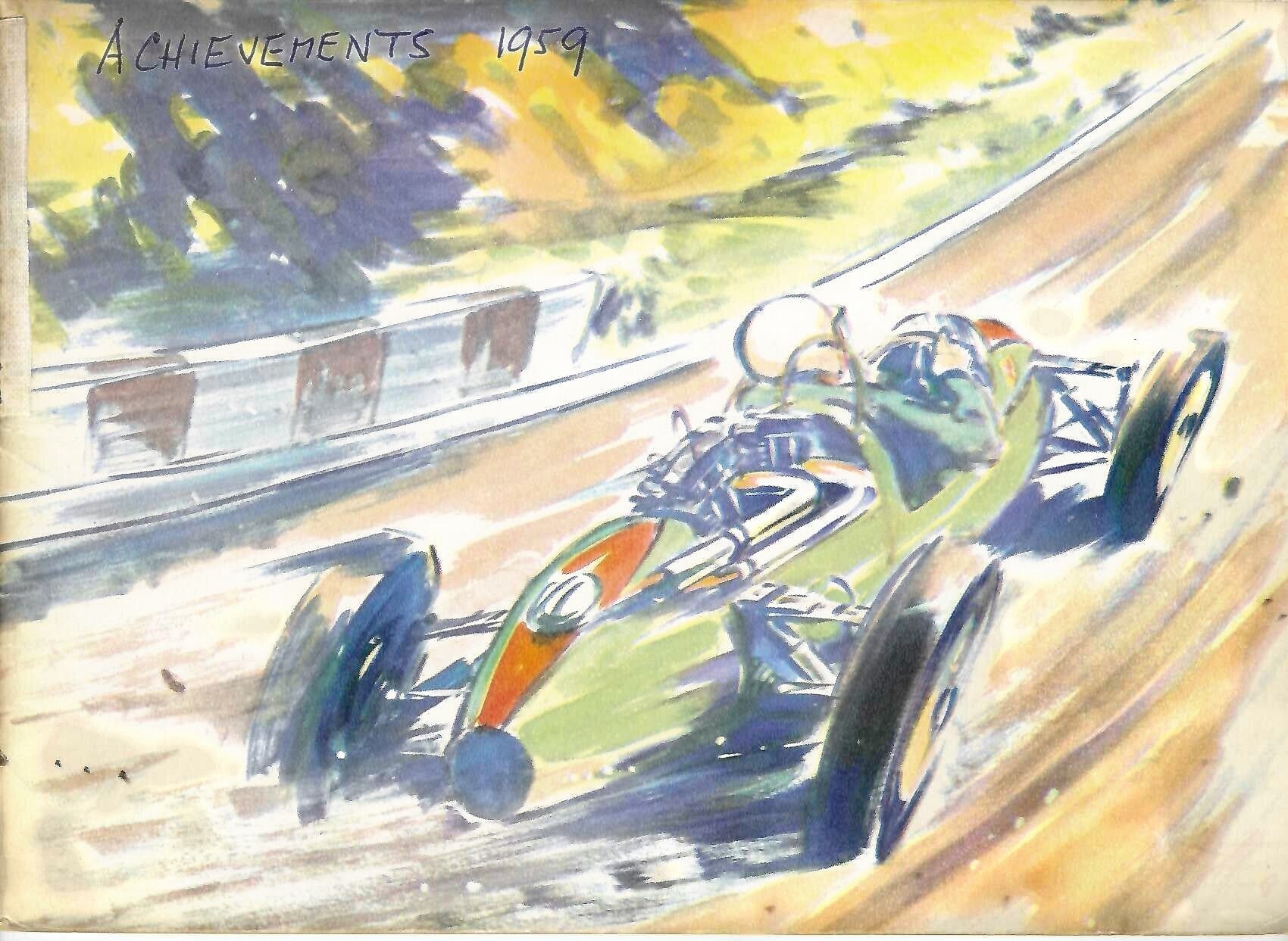 Vintage racing book cover with painted formula cars on track, blue and yellow
