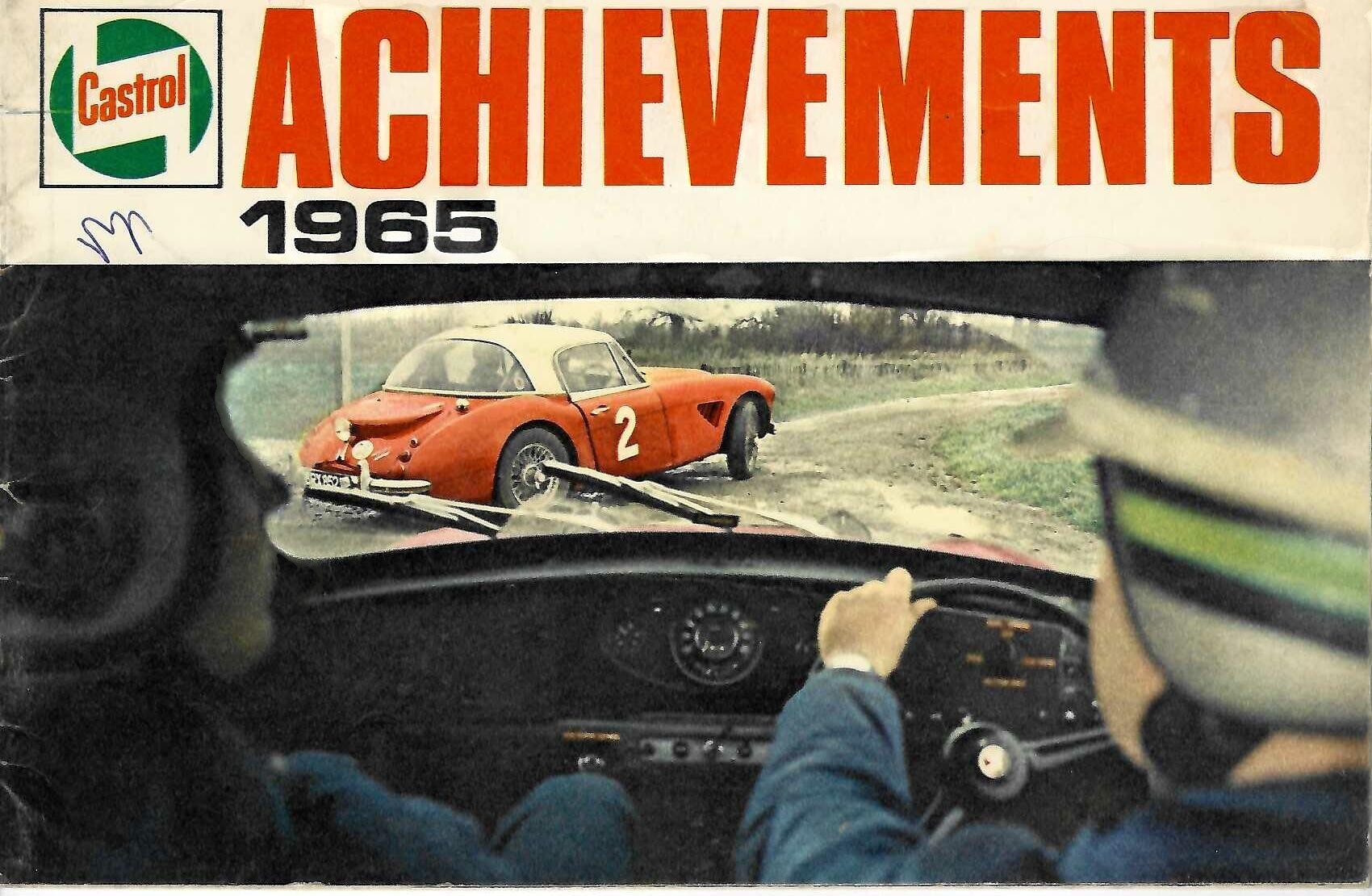 Vintage racing magazine cover with red 1965 title and drivers in classic race car