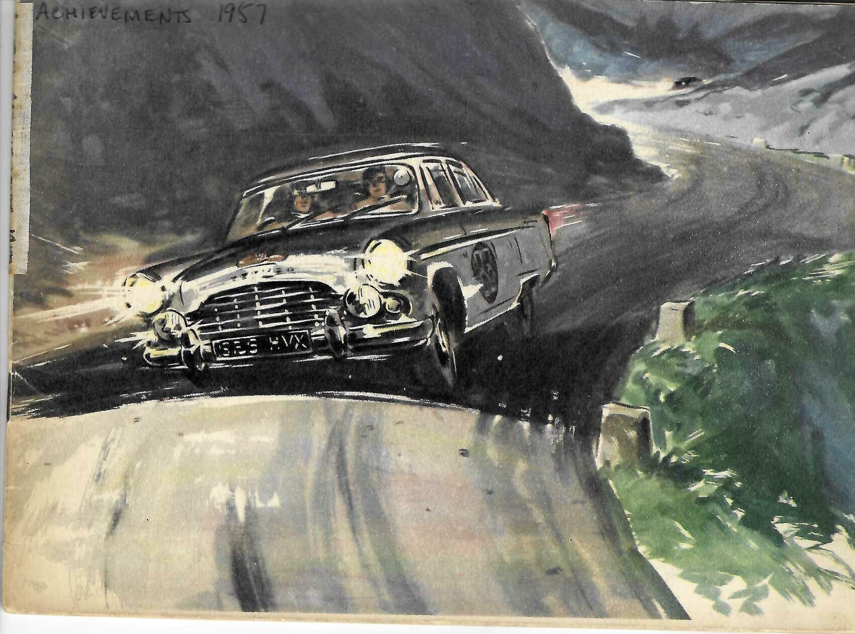 Vintage racing illustration with a classic black car on a winding road