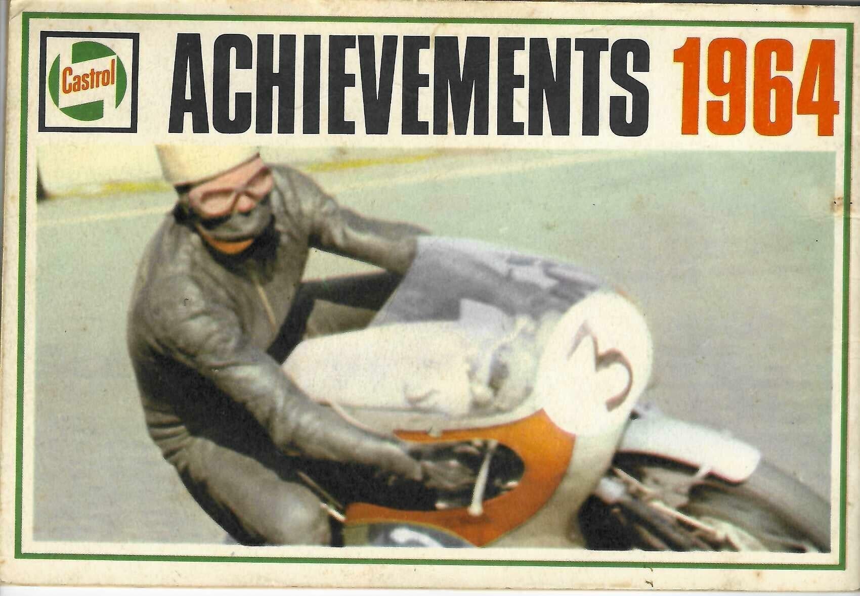 Vintage race achievements booklet cover showing driver in gray suit beside orange race car
