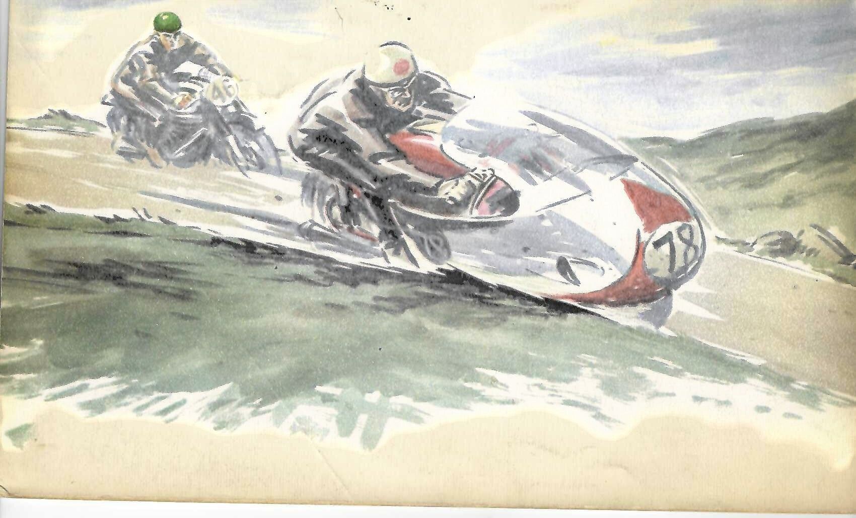 Vintage racing illustration of two motorcycles speeding along a desert track