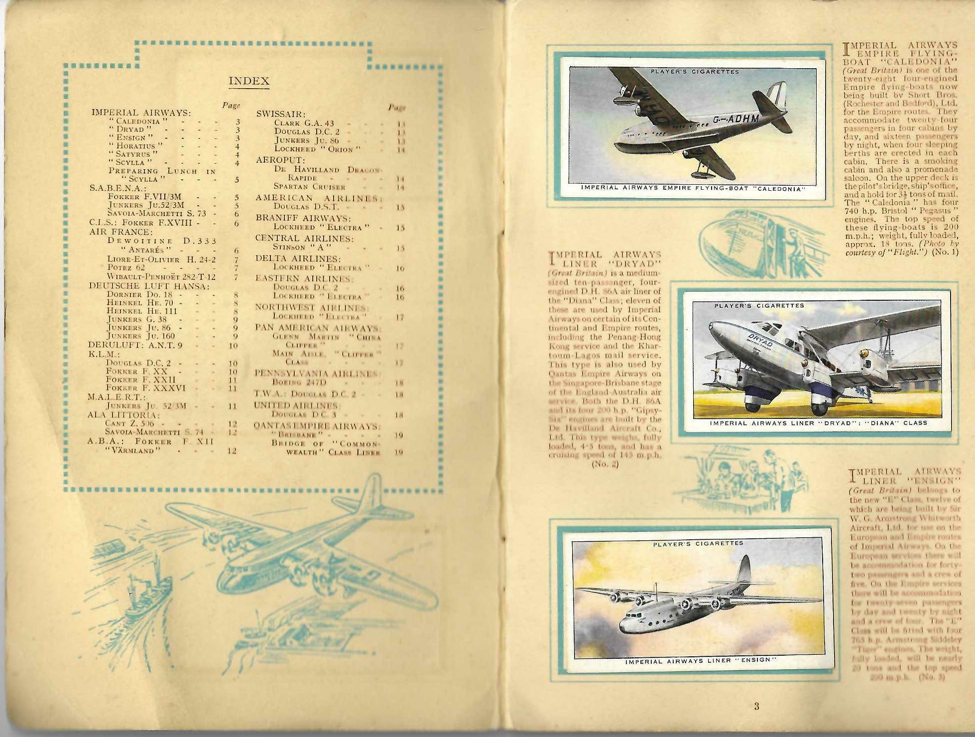 Open air liner album spread with index list and boxed aircraft photos on cream paper