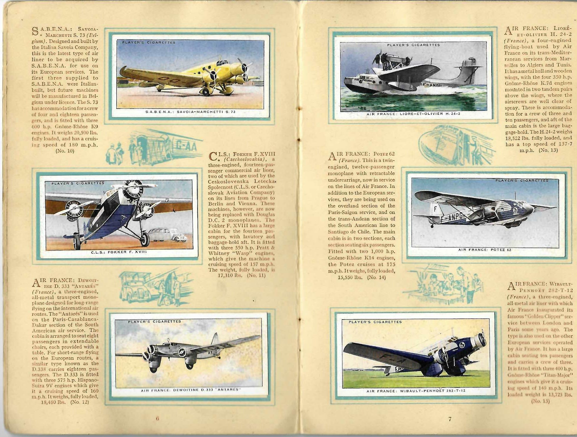 Open air liner album spread with multiple framed aircraft illustrations and printed descriptions