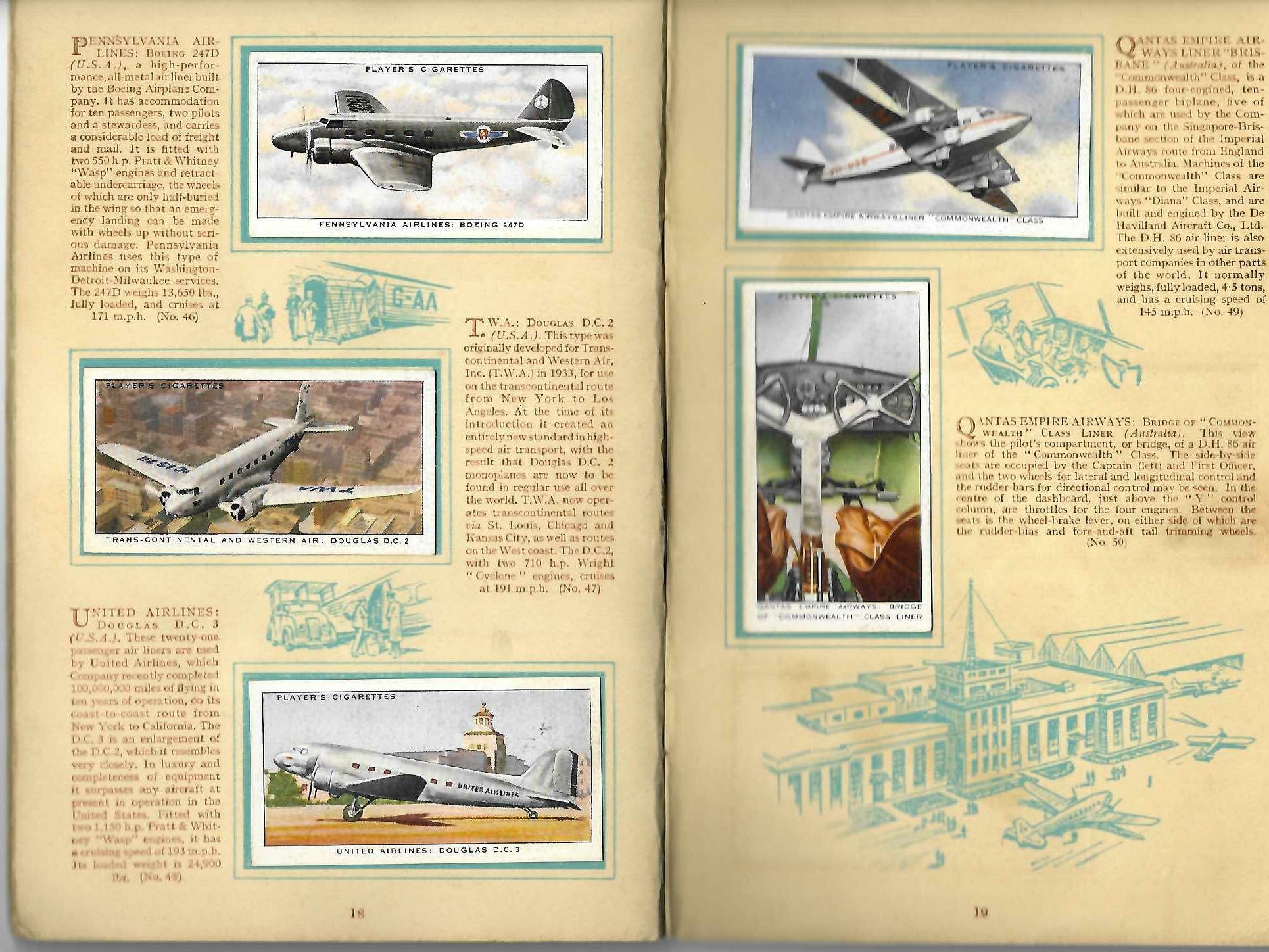 Open air liner album spread with framed aircraft images and illustrated map graphics