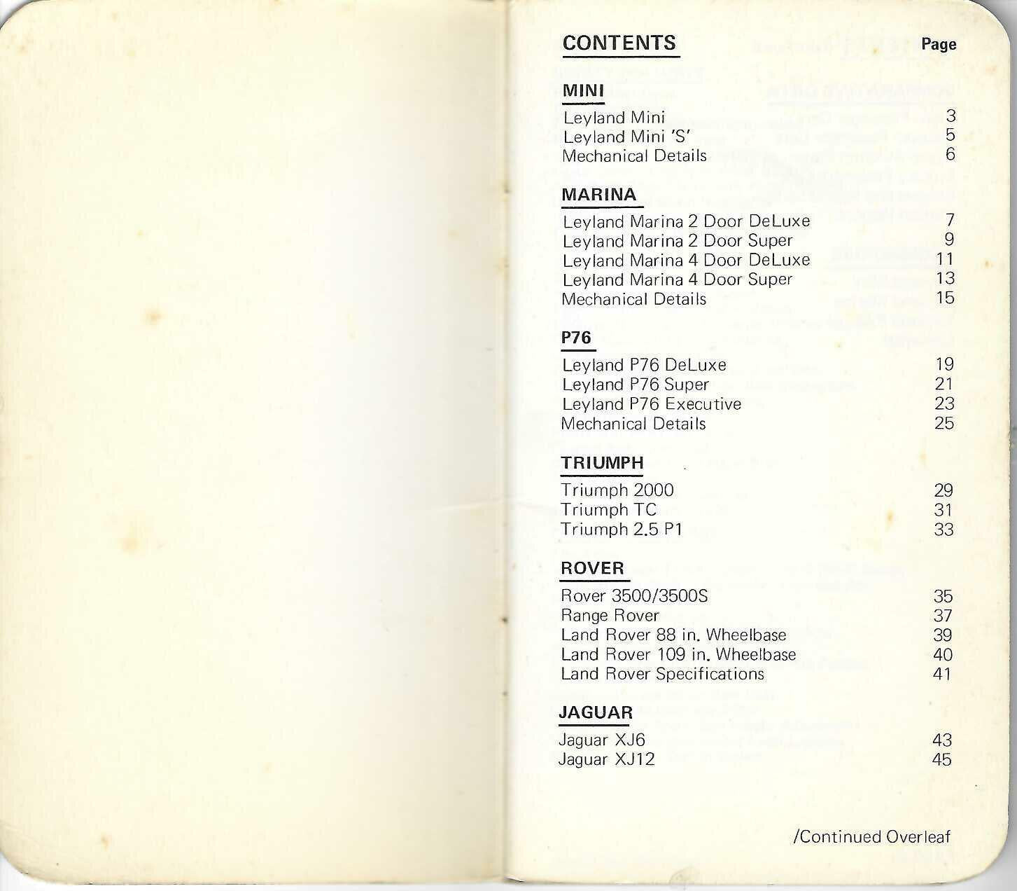 Technical specifications booklet contents page with vehicle listings and page numbers