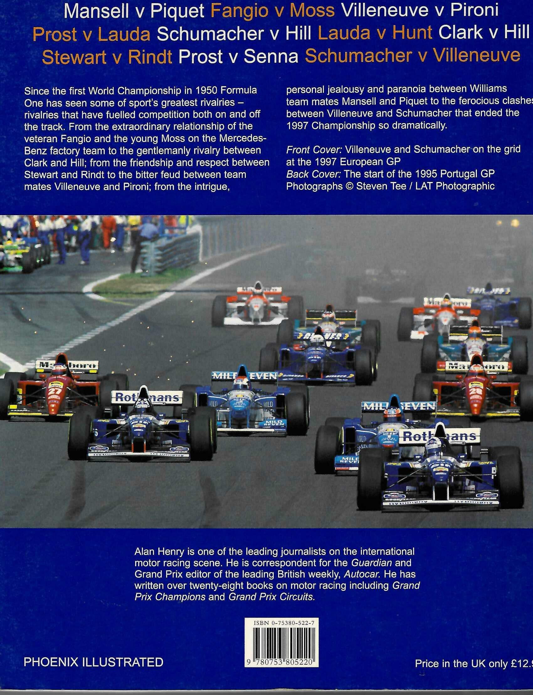 Formula 1 race cars on a track with text about drivers and teams on a blue background