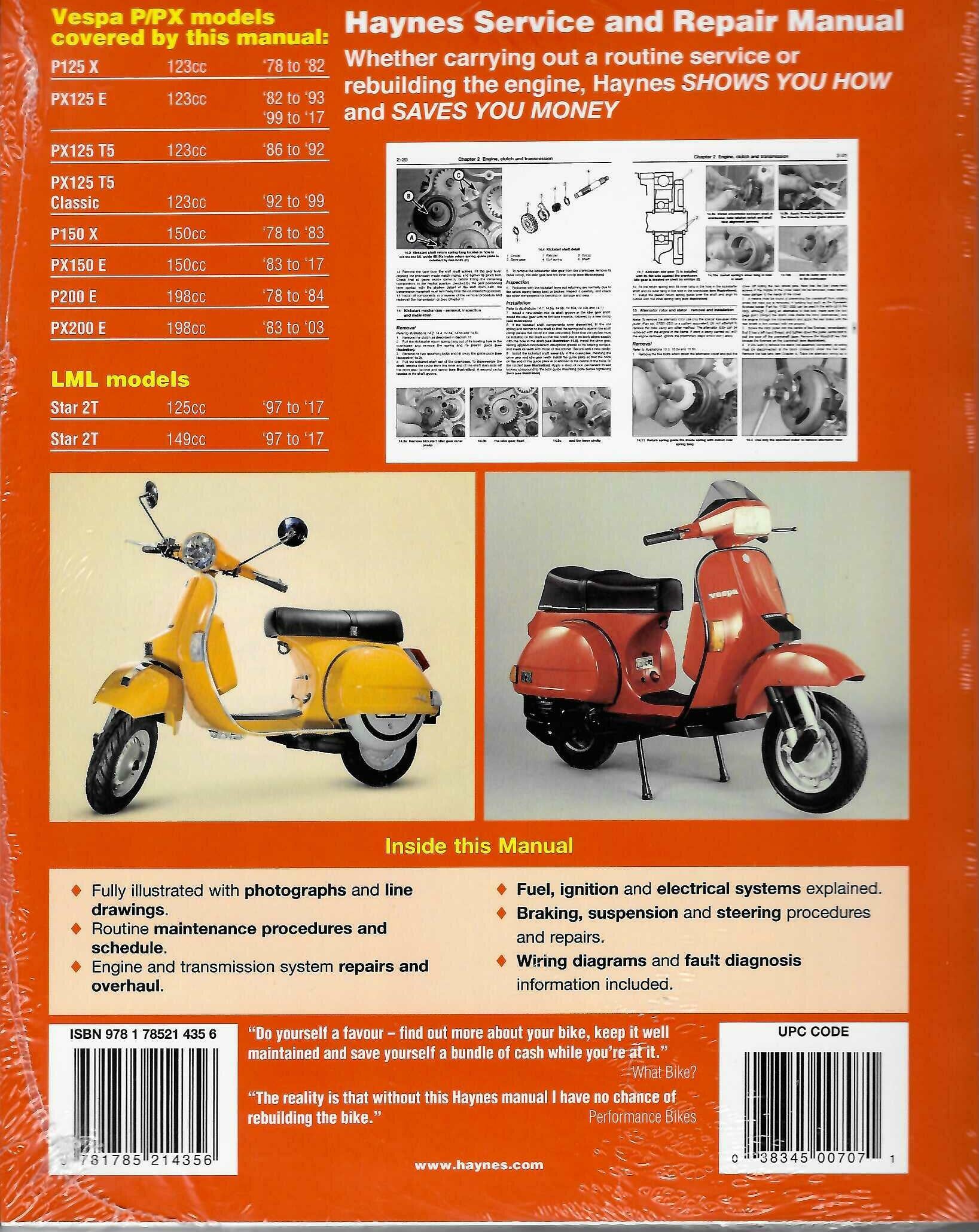 Vespa P/PX 125, 150 & 200 scooters (Inc. LML Star 2T) 1978 - 2017 Repair Manual (M707))