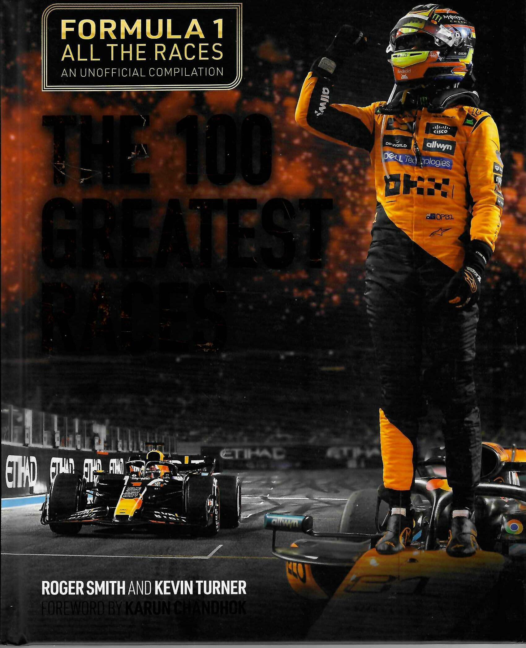 Motorsport race book cover with yellow driver and 'THE 100 GREATEST RACES' text