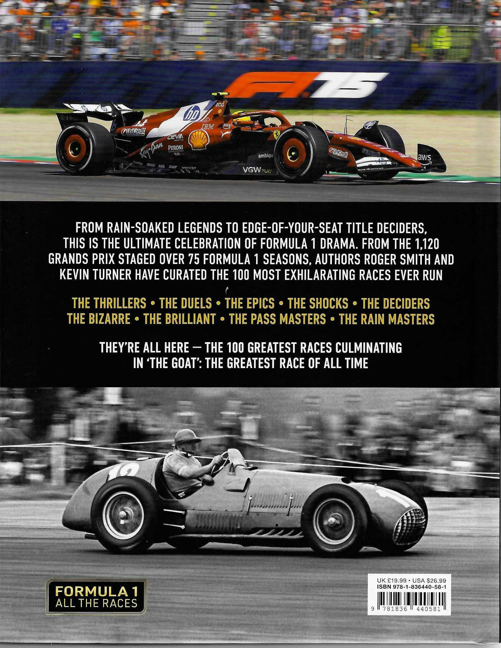 Motorsport race book spread with orange race car action photo and vintage driver