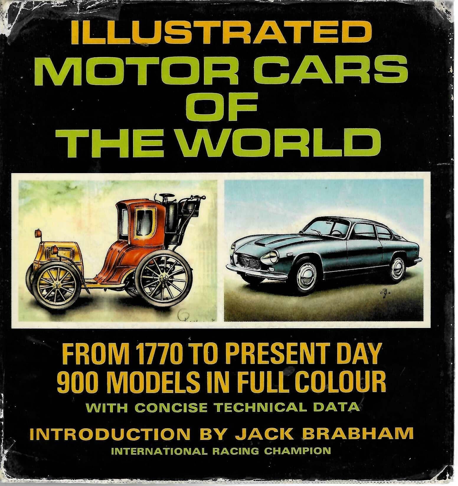 Book cover of 'Illustrated Motor Cars of the World' with vintage car illustrations and text.