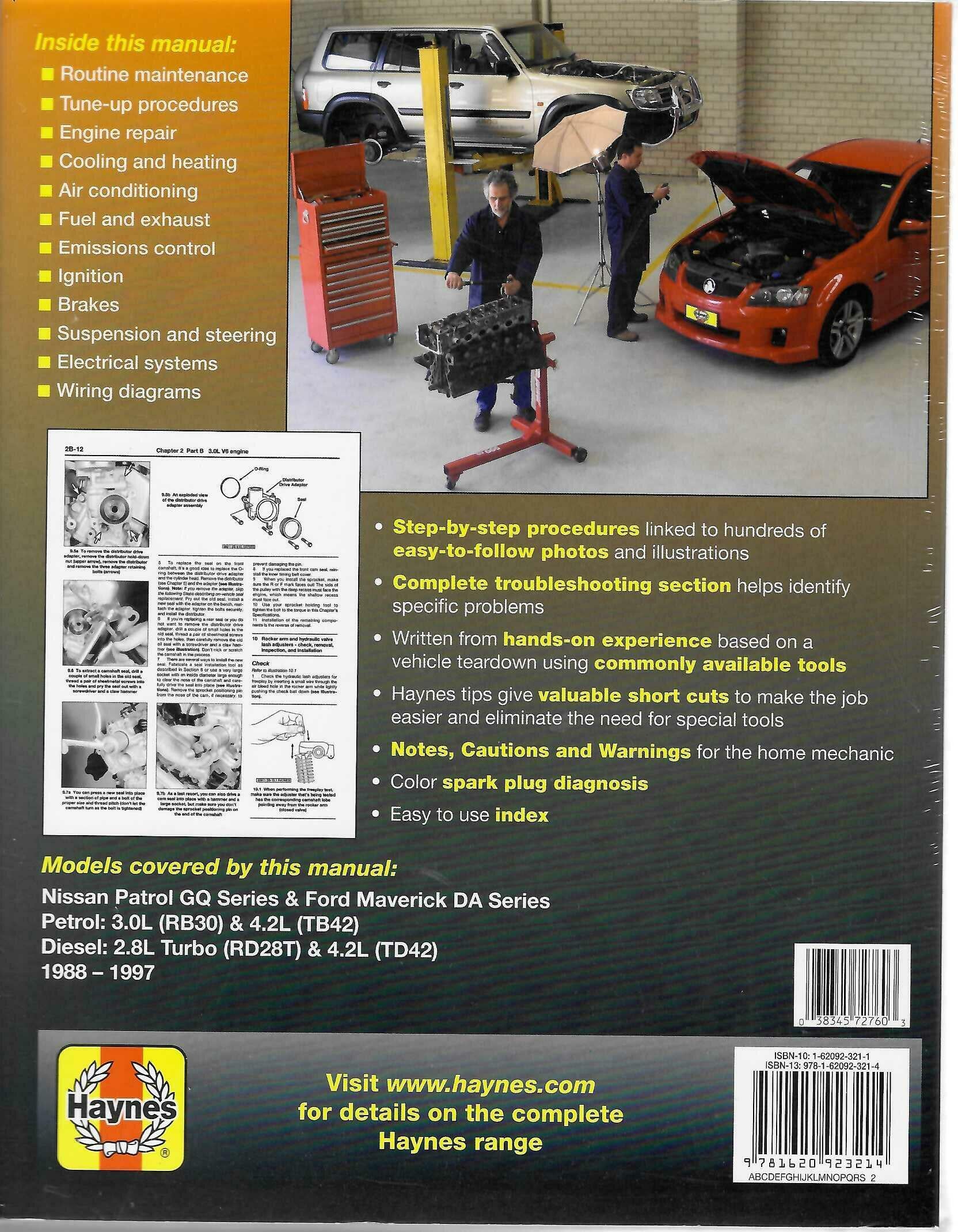 Auto repair manual book, back cover with workshop photo and feature text