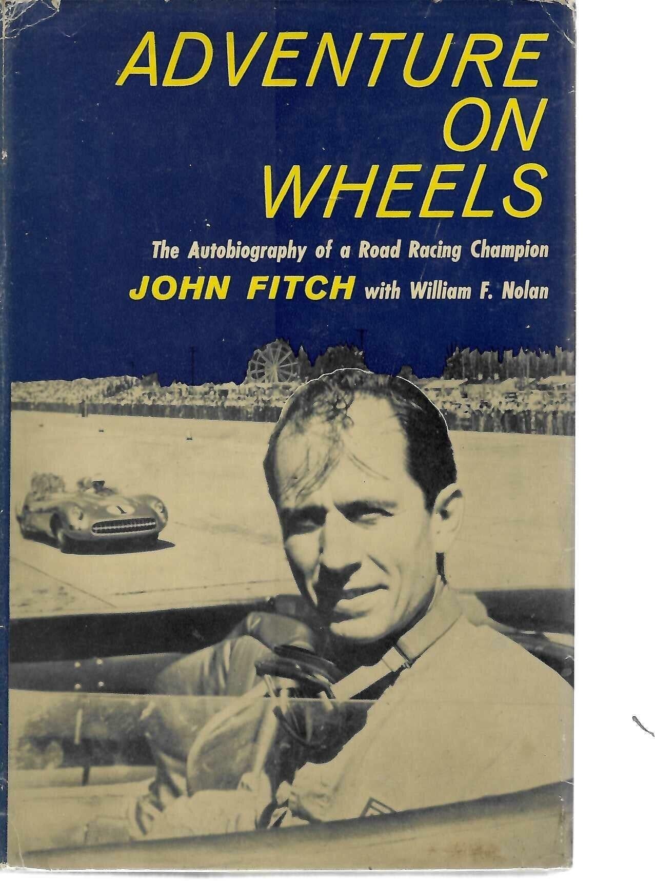 Adventure on Wheels book cover with blue background, yellow title, and John Fitch portrait