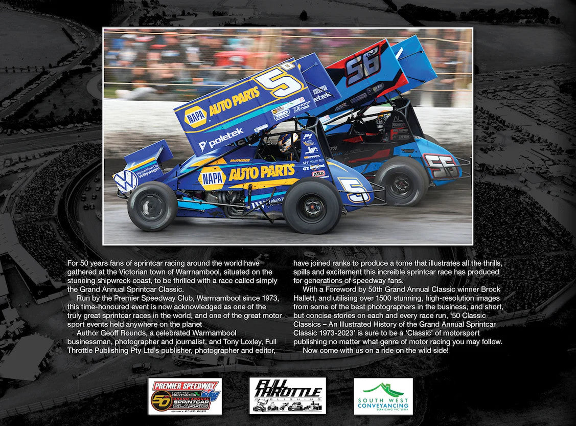Illustrated sprintcar history book spread with blue race car photo and supporting graphics