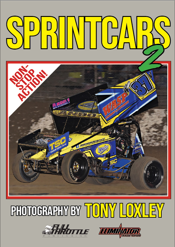 Sprintcars 2 signed racing book cover with blue sprint car and bold yellow title