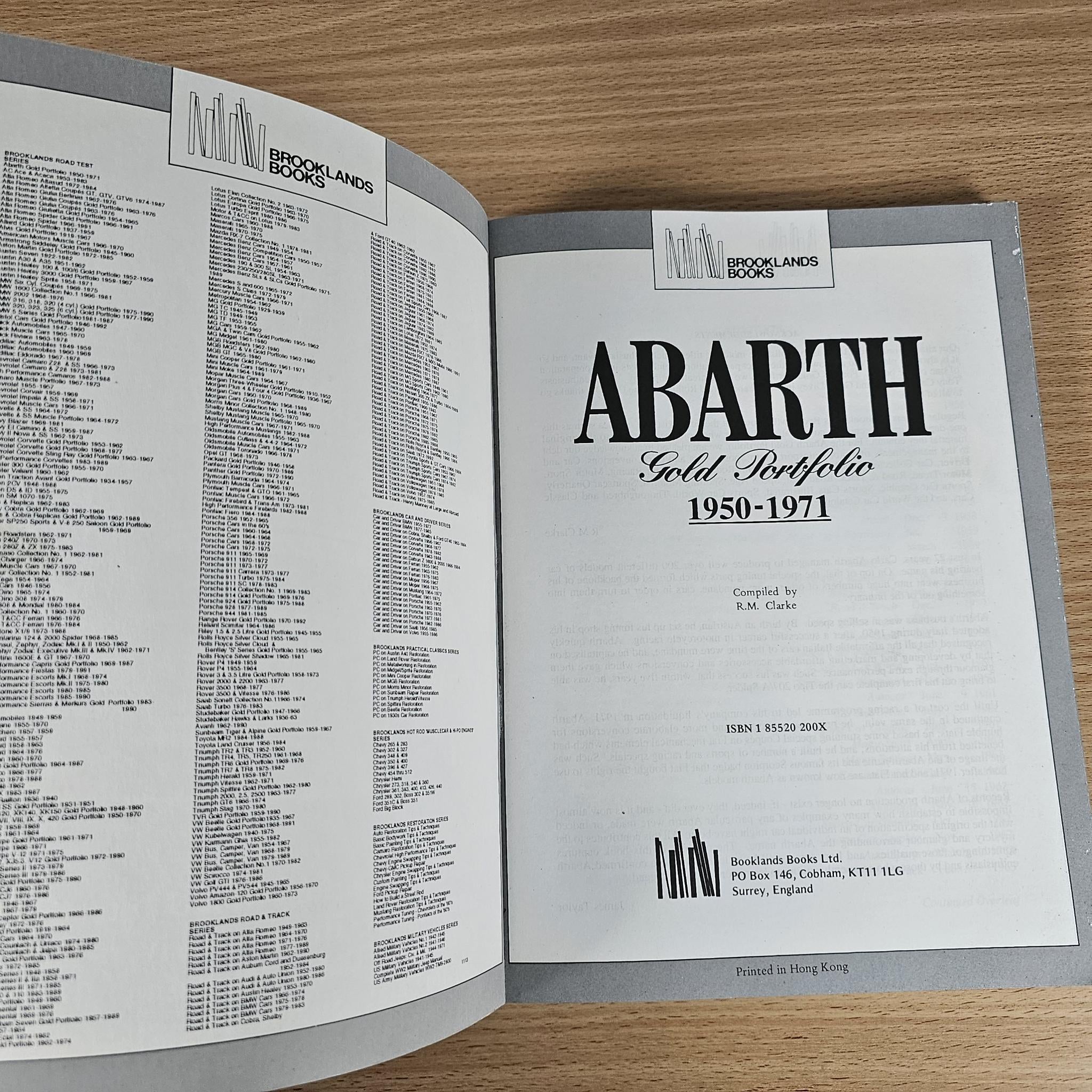 Abarth Gold Portfolio 1950-1971 open book showing title page and publisher details