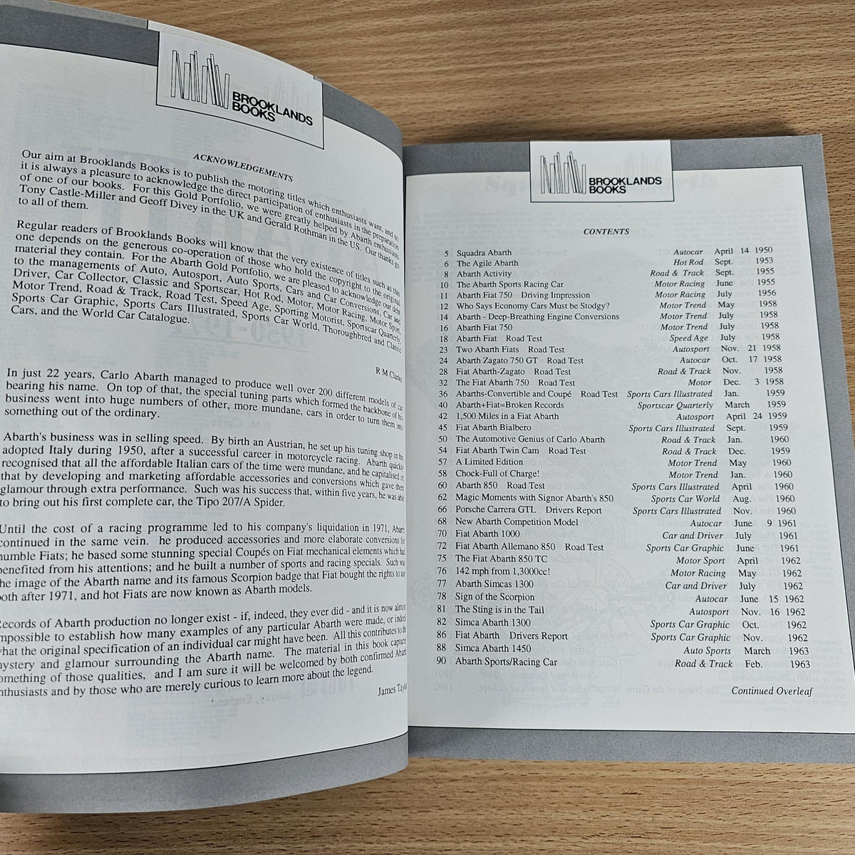 Abarth Gold Portfolio 1950-1971 open book with contents list on both pages