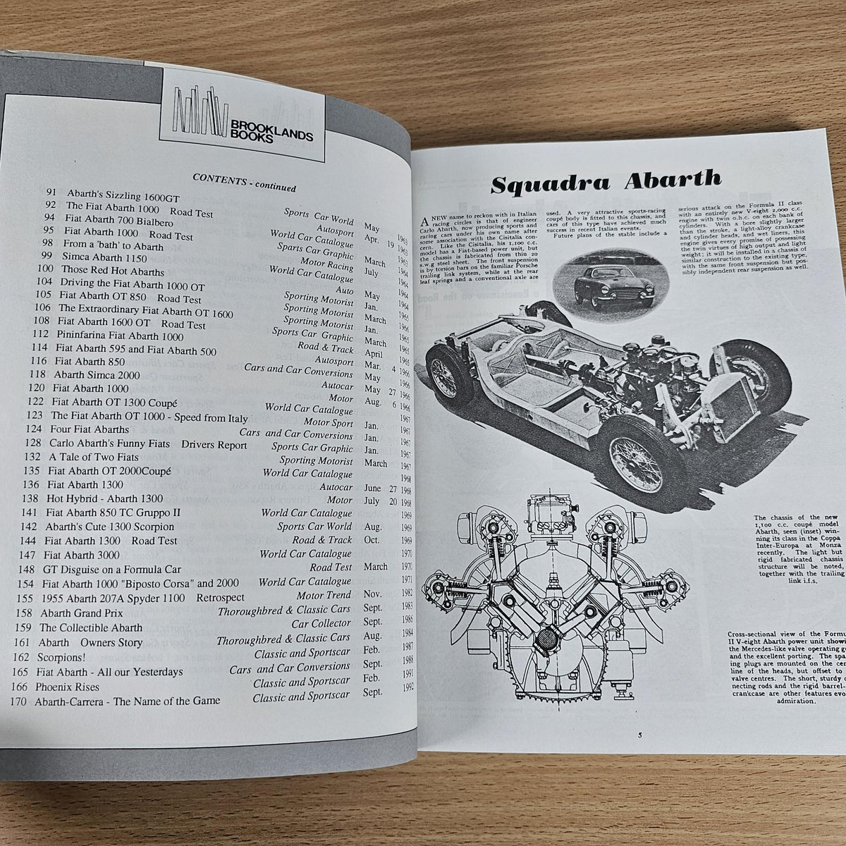 Abarth Gold Portfolio 1950-1971 open book showing contents and mechanical diagram