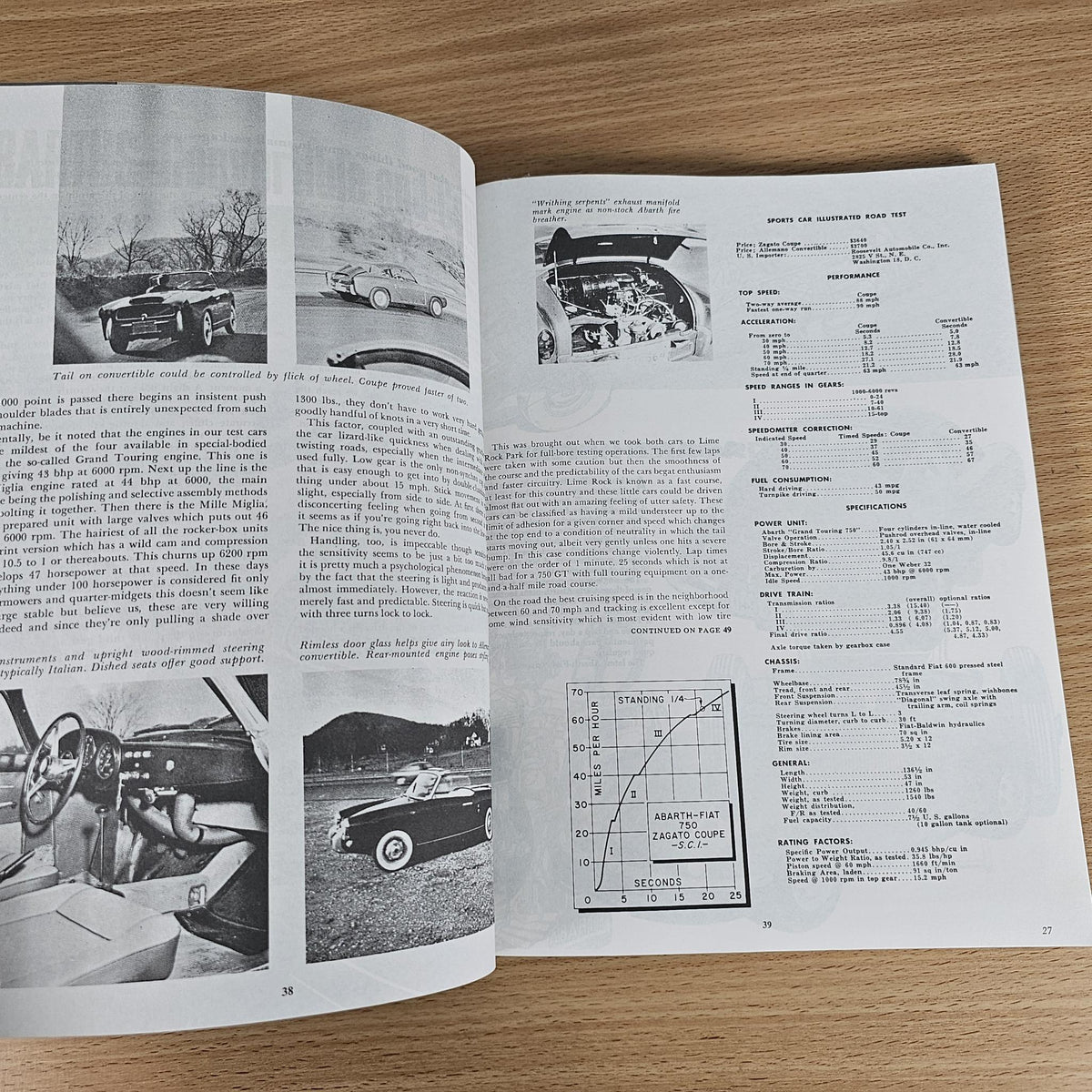 Abarth Gold Portfolio 1950-1971 open book with vintage car photos and technical text