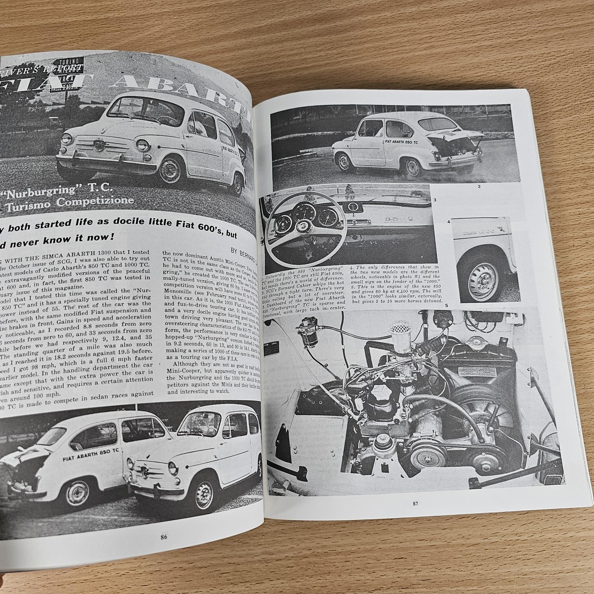 Abarth Gold Portfolio 1950-1971 open book page spread with car images and data charts