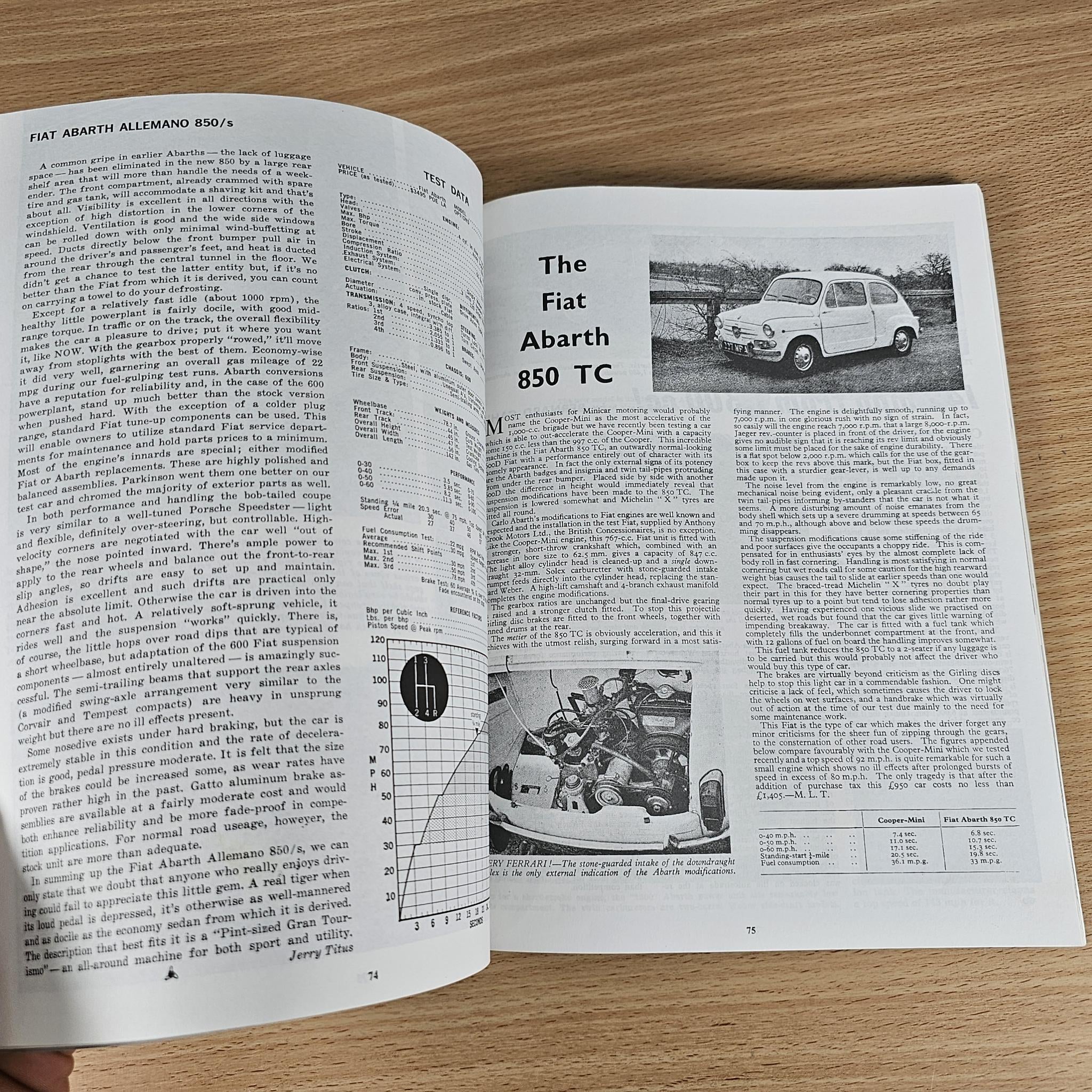Abarth Gold Portfolio 1950-1971 open book featuring "Fiat Abarth 850 TC" article pages