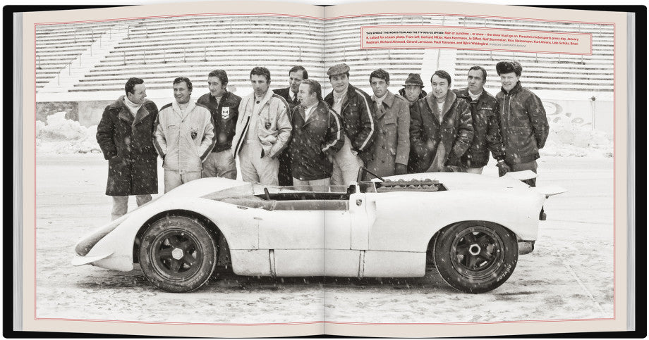 Open book spread with group photo beside a white race car on a track