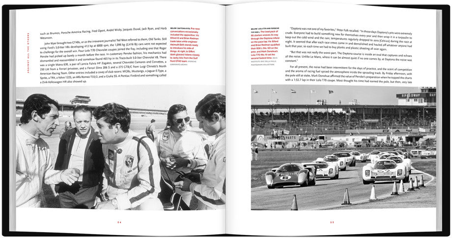 Open book spread with black-and-white driver photos and a race lineup image