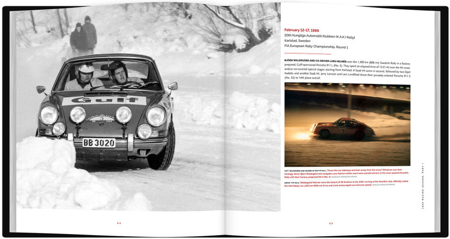 Open book spread with a classic race car on snow and a night track photo