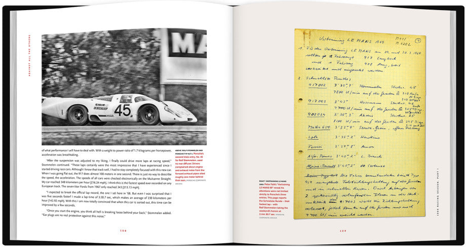 Open book spread with race car photo on the left and yellow handwritten notes on the right