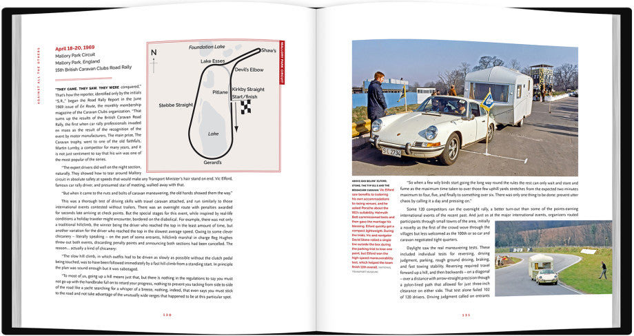 Open book spread featuring a technical diagram and a race car photo with notes