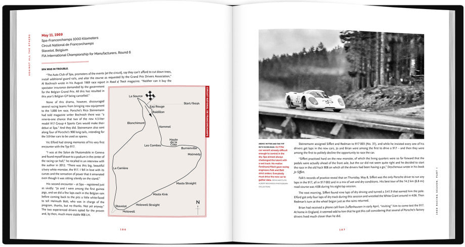 Open book spread with a route map diagram and a black-and-white race car photo