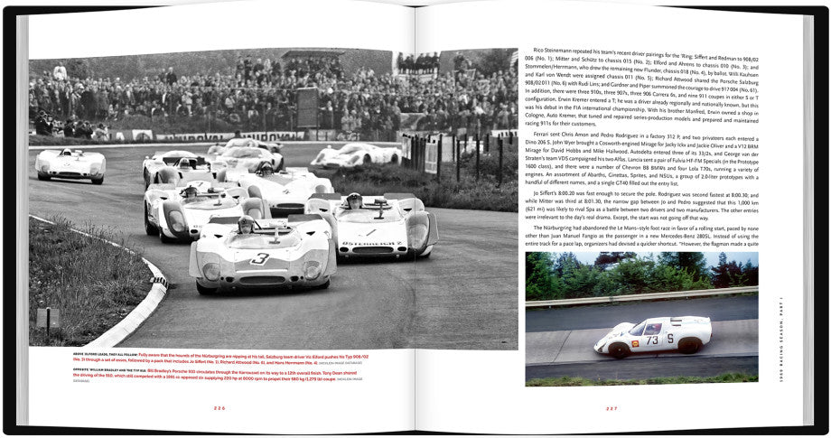 Open book spread with a front-runners race photo and a smaller track car inset