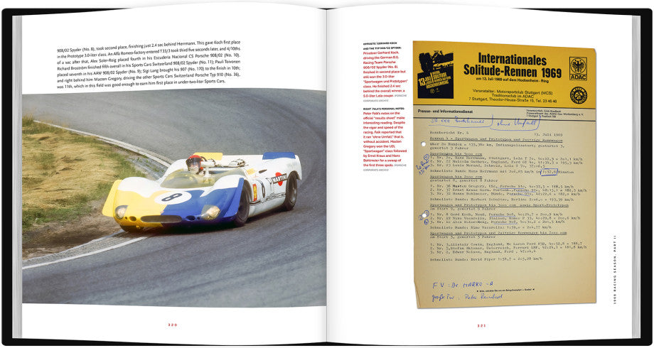 Open book spread with a yellow race car on track and a results document page