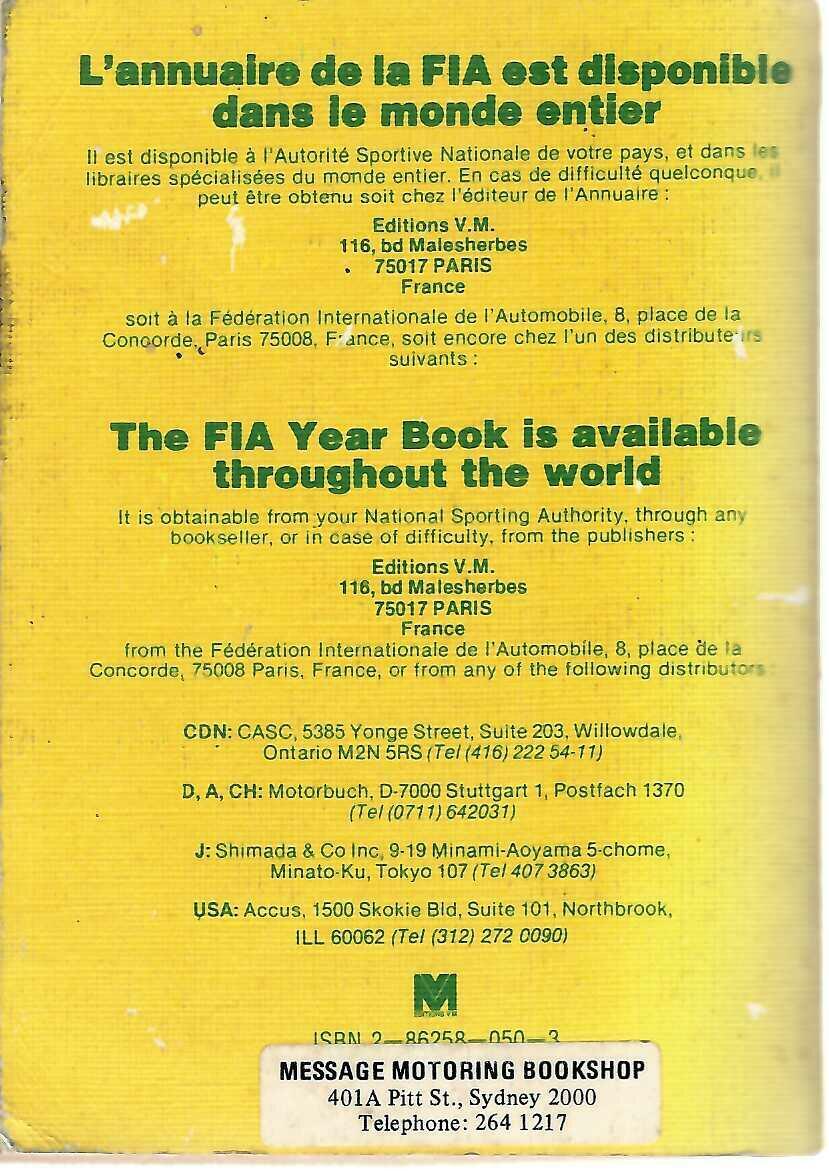 FIA year book of automobile sport book back cover with publication and distributor details.