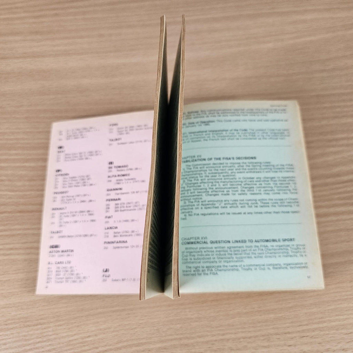 Open FIA year book with chapter listings on one side and printed text on the other.