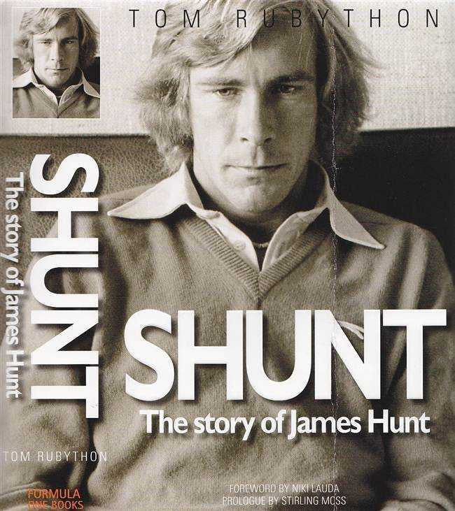 Hardback motorsport book cover with SHUNT title and author name Tom Rubython