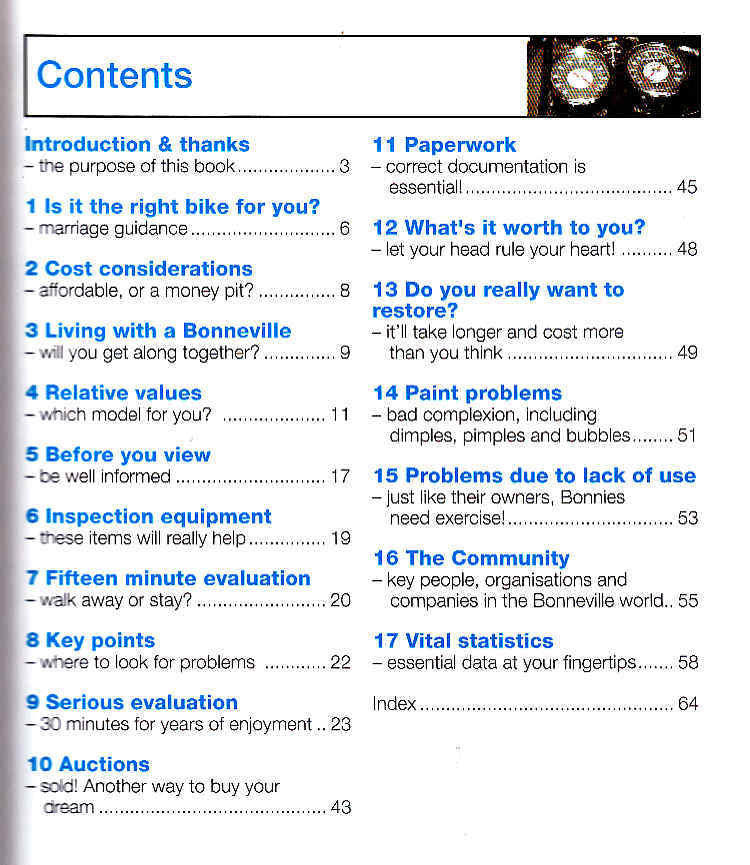 Triumph Bonneville essential buyer's guide contents page with chapter list