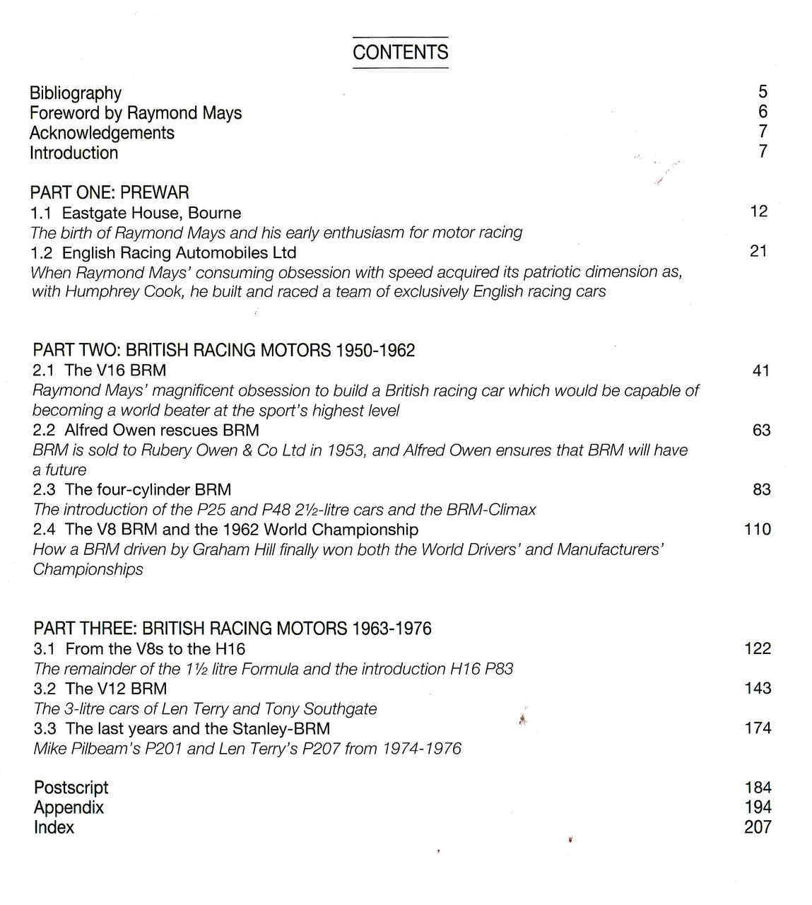 Race car motorsport book page with table of contents listing sections and page numbers