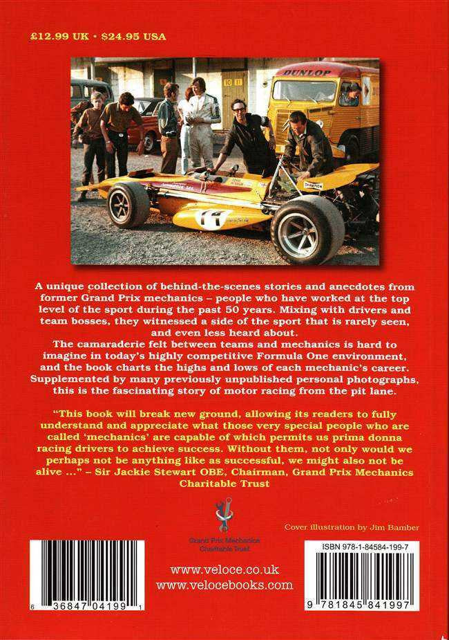 Paperback book back cover with yellow race car photo and mechanic story text